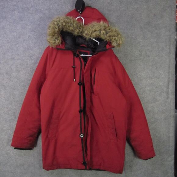 Guess Los Angeles Jacket Mens Medium Red Hooded Parka Faux Fur Trim Insulated - Picture 1 of 9